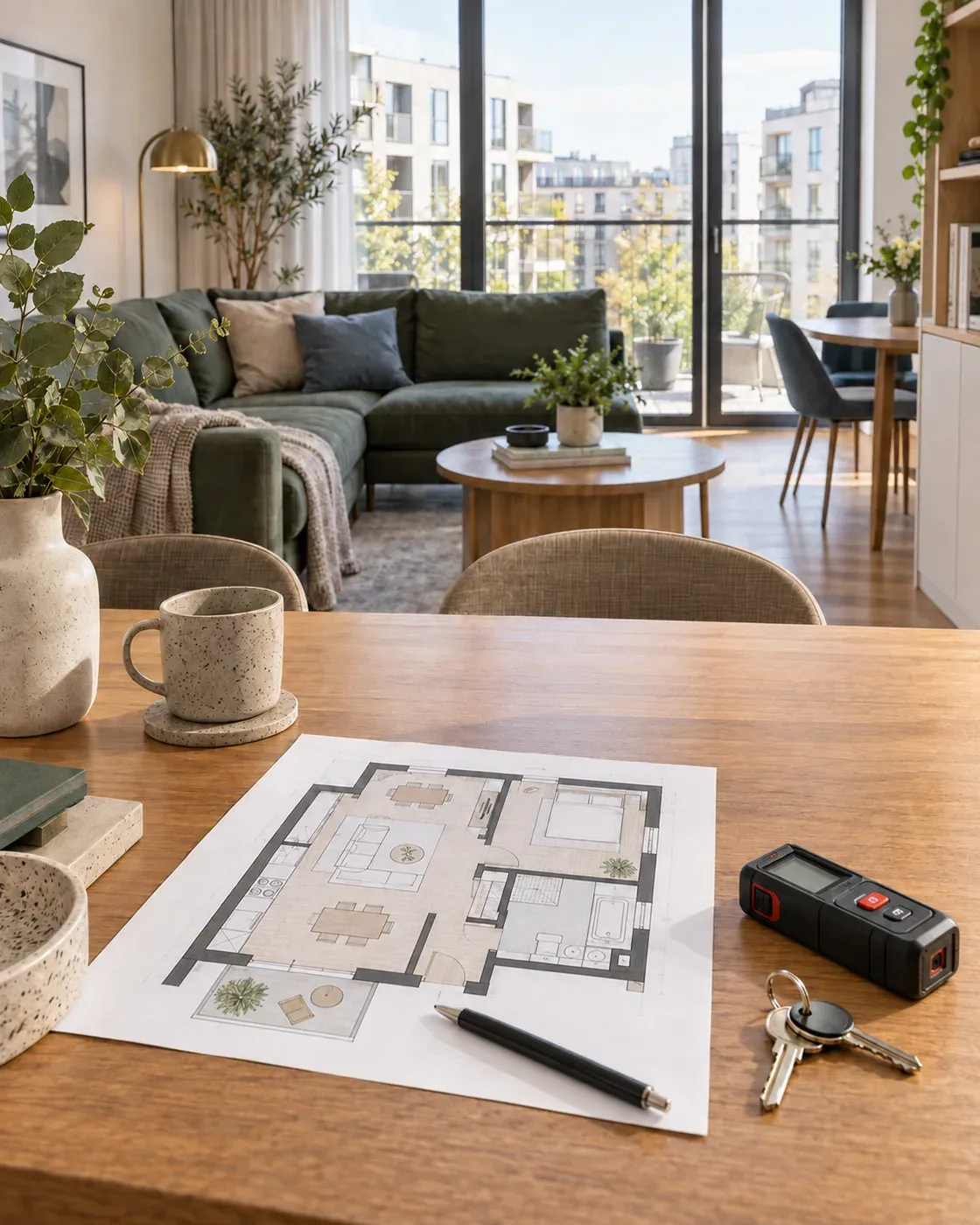 Modernus buto interjeras, pastato planas, raktai ir matavimo prietaisas ant stalo